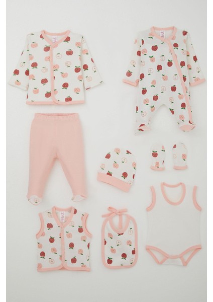 Kız Bebek Hastane Çıkışı 8 Li Sevimli Minik Elma Desenli 0-3 Ay, Ekru
