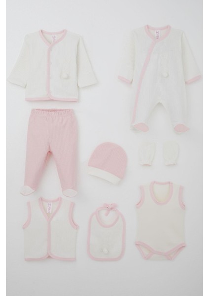 Kız Bebek Hastane Çıkışı 8 Li Ponponlu Tavşancık Nakışlı 0-3 Ay, Beyaz