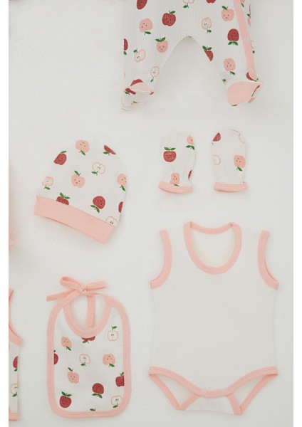 Kız Bebek Hastane Çıkışı 8 Li Sevimli Minik Elma Desenli 0-3 Ay, Ekru