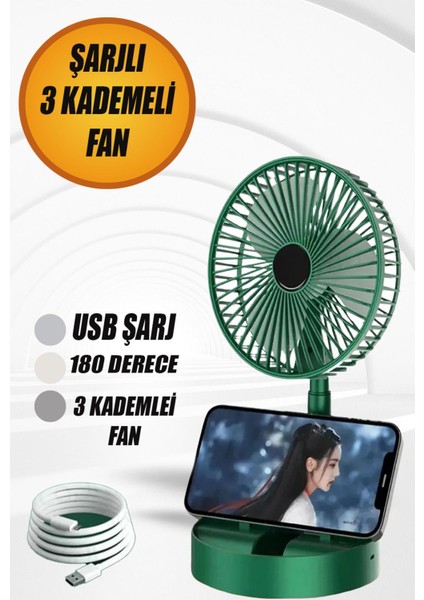 Mft Masaüstü Fan Vantilatör Teleskopik Şarjlı Katlanabilir Taşınabilir 3 Kademe Yeşil Soğutucu.