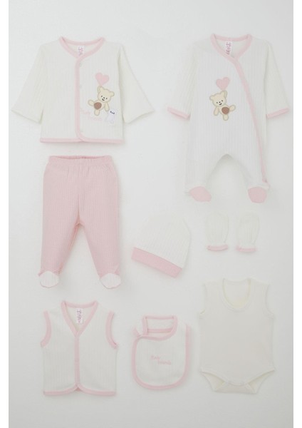 Kız Bebek Hastane Çıkışı 8 Li Bebek Ayıcık Nakışlı Kalpli 0-3 Ay, Beyaz