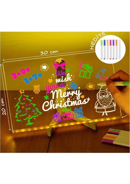 LED Işıklı Şeffaf Yazı ve Çizim Panosu | 7 Renk Kalemli, Silinebilir Akrilik Mesaj Tahtası (30X20 Cm)