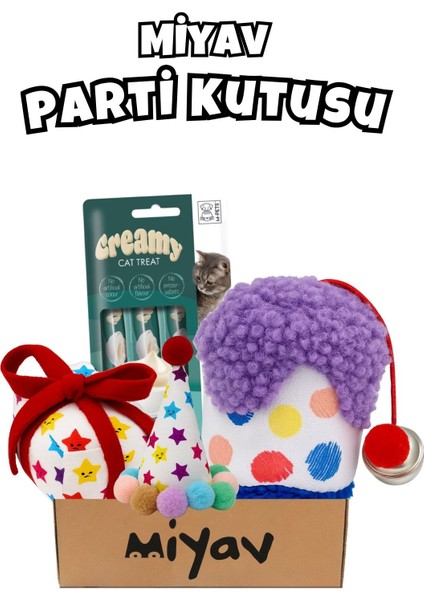 Kedi Parti Kutusu 4’lü Set | Parti Şapkası, Peluş Pasta, Peluş Hediye Kutusu ve Ödül Maması