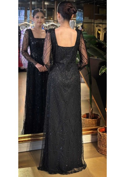 Siyah Kare Yaka Uzun Kollu Kloş Etekli Pullu Boncuklu Uzun Abiye Elbise 11047-05 fırsatları