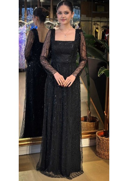 Siyah Kare Yaka Uzun Kollu Kloş Etekli Pullu Boncuklu Uzun Abiye Elbise 11047-05 indirimleri