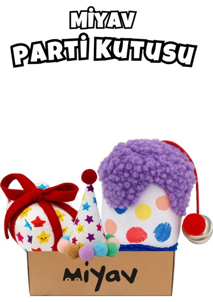 Kedi Parti Kutusu 3'lü Set | Parti Şapkası, Peluş Pasta, Peluş Hediye Kutusu