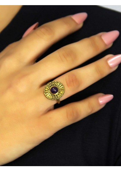 Doğal Taş Ametist Yuvarlak Doğal Taşlı Antik Model Kadın Ayarlanabillir Yüzük EUY70AMT