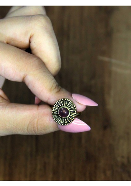 Doğal Taş Ametist Yuvarlak Doğal Taşlı Antik Model Kadın Ayarlanabillir Yüzük EUY70AMT modelleri