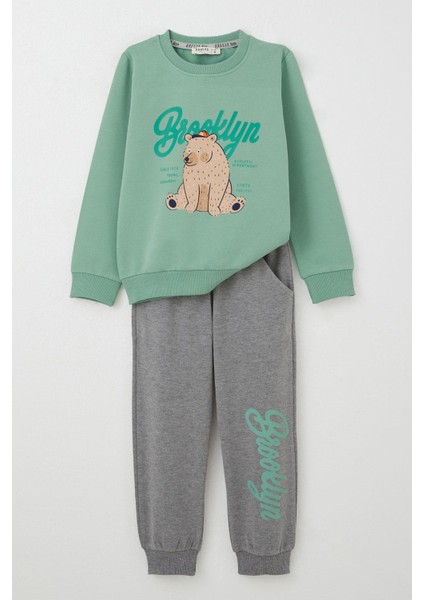 Erkek Çocuk Eşofman Takım Kolej Şampiyonu Sevimli Ayıcık Baskılı 2-6 Yaş, Mint Yeşili