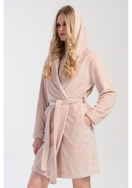 Kadın Bej Renk Kapüşonlu Welsoft Cepli Sabahlık C5T1N1304