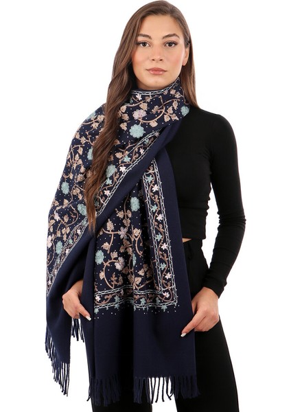Lacivert Taşlı Nakışlı Kışlık Şal