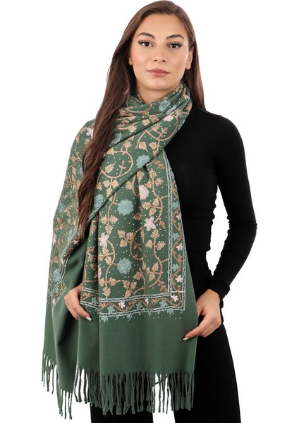 Yeşil Taşlı Nakışlı Kışlık Şal