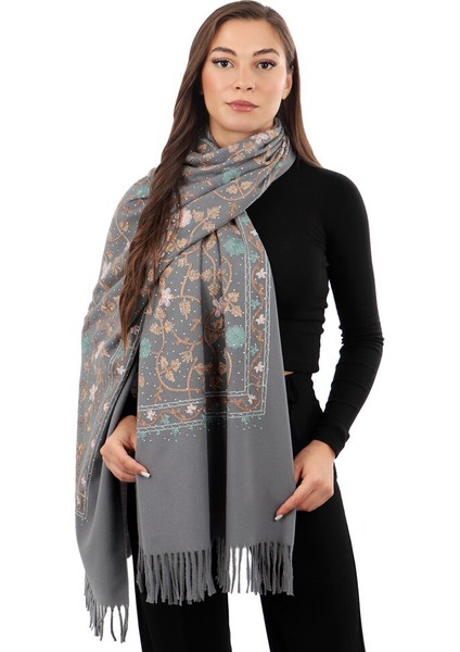 Gri Taşlı Nakışlı Kışlık Şal