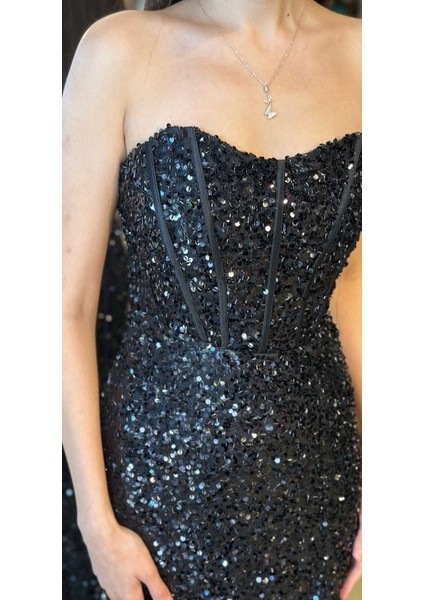 Siyah Straplez Yaka Sırt Dekolteli Yırtmaçlı Düz Kesim Payet Uzun Abiye Elbise 11093 fırsatları