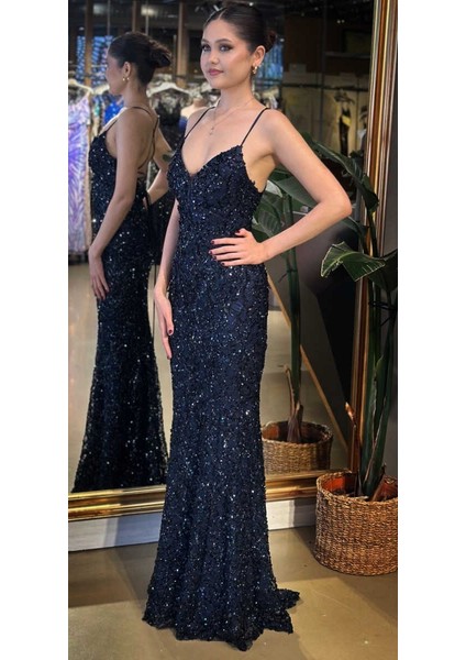 Lacivert V Yaka Ip Askılı Sırt Dekolteli Balık Etekli Pul Payet Uzun Abiye Elbise 11112-01