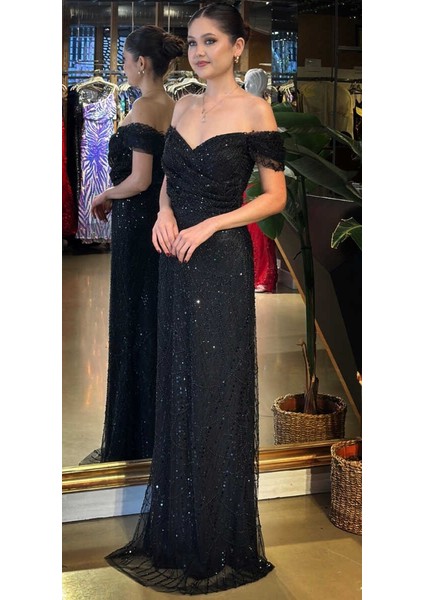 Mat Siyah Sırt Dekolteli Düz Kesim Pullu Boncuklu Uzun Abiye Elbise 11044