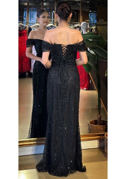 Mat Siyah Sırt Dekolteli Düz Kesim Pullu Boncuklu Uzun Abiye Elbise 11044 fırsatları