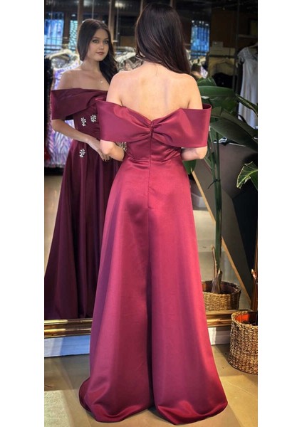 Vişne Renk Madonna Yaka Taş Detaylı Kloş Etekli Saten Uzun Abiye Elbise 11063-03 fırsatları