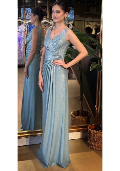 Mint Kalın Askı V Yaka Anvelop Yırtmaçlı Düz Kesim Simli Uzun Abiye Elbise 11074