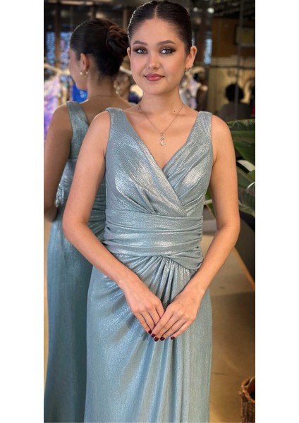 Mint Kalın Askı V Yaka Anvelop Yırtmaçlı Düz Kesim Simli Uzun Abiye Elbise 11074 fiyatları