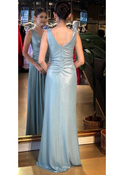 Mint Kalın Askı V Yaka Anvelop Yırtmaçlı Düz Kesim Simli Uzun Abiye Elbise 11074 fırsatları