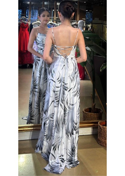 Beyaz Degaje Yaka Ip Askılı Sırt Dekolteli Yırtmaçlı Kloş Etekli Desenli Uzun Abiye Elbise 11082-05 fırsatları