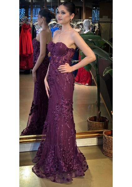 Vişne Straplez Yaka Bel Dekolteli Düz Kesim Brode Tül Uzun Abiye Elbise 11061