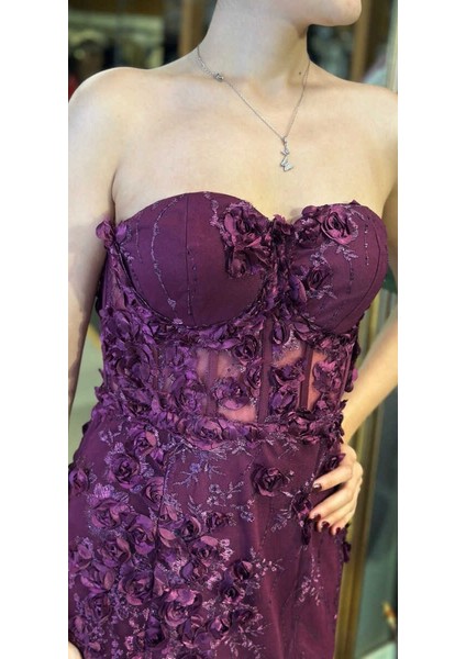 Vişne Straplez Yaka Bel Dekolteli Düz Kesim Brode Tül Uzun Abiye Elbise 11061 modelleri