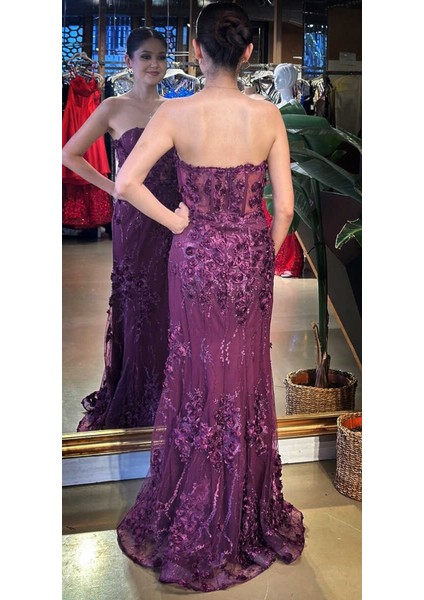 Vişne Straplez Yaka Bel Dekolteli Düz Kesim Brode Tül Uzun Abiye Elbise 11061 fırsatları