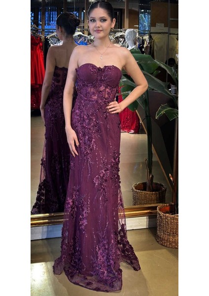 Vişne Straplez Yaka Bel Dekolteli Düz Kesim Brode Tül Uzun Abiye Elbise 11061 indirimleri