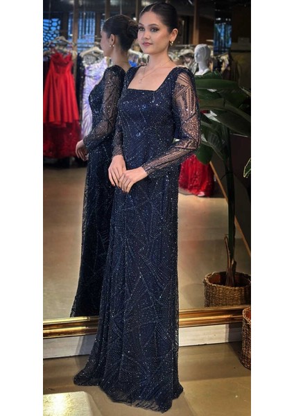 Lacivert Kare Yaka Uzun Kollu Kloş Etekli Pullu Boncuklu Uzun Abiye Elbise 11047-04