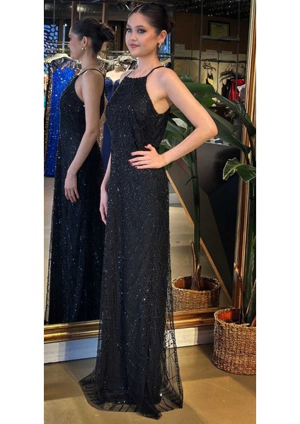 Siyah Halter Yaka Ip Askılı Düz Kesim Pullu Boncuklu Uzun Abiye Elbise 11103 fiyatları