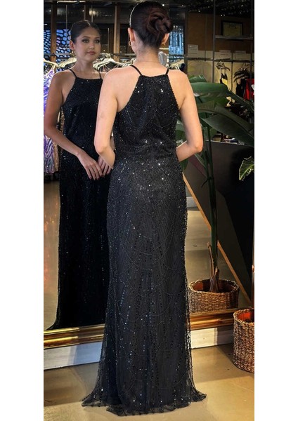 Siyah Halter Yaka Ip Askılı Düz Kesim Pullu Boncuklu Uzun Abiye Elbise 11103 indirimleri