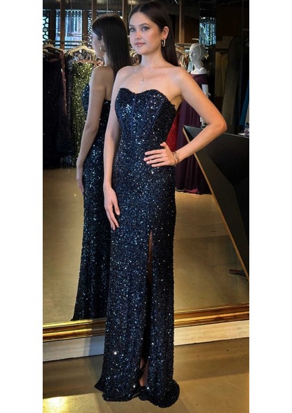 Lacivert Straplez Yaka Sırt Dekolteli Yırtmaçlı Düz Kesim Payet Uzun Abiye Elbise 11093