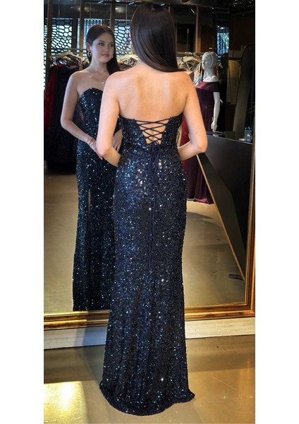 Lacivert Straplez Yaka Sırt Dekolteli Yırtmaçlı Düz Kesim Payet Uzun Abiye Elbise 11093 fırsatları