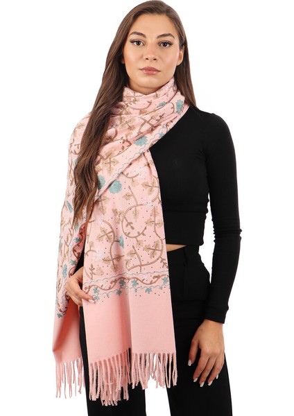 Pudra Taşlı Nakışlı Kışlık Şal