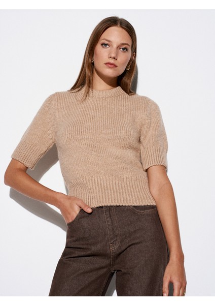 10821 Bisiklet Yaka Kısa Kollu Triko Kazak-Koyu Bej