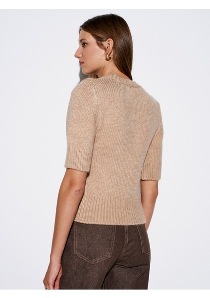 10821 Bisiklet Yaka Kısa Kollu Triko Kazak-Koyu Bej fiyatları