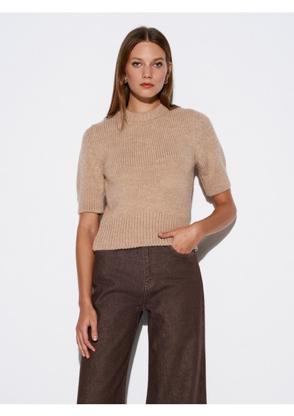 10821 Bisiklet Yaka Kısa Kollu Triko Kazak-Koyu Bej modelleri