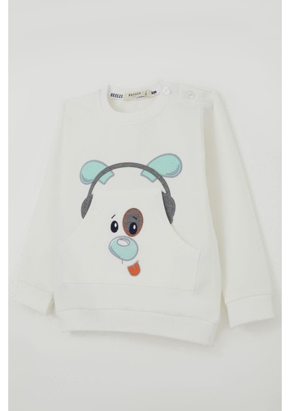 Erkek Bebek Eşofman Takımı Kulaklıklı Köpekçik Nakışlı 9 Ay-3 Yaş, Beyaz