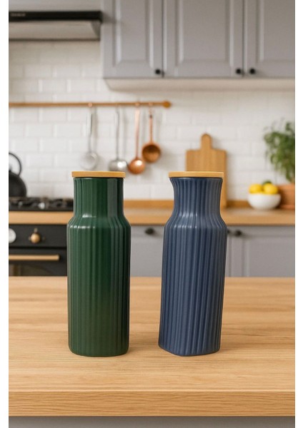 2'li Lacivert Yeşil Porselen Bambu Kapaklı Renkli Çizgili ve Şık Yağlık-Sirkelik-Balzamik Seti 400ML 19CM