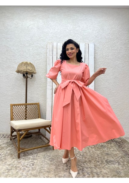 Yavruağzı Uzun Fiyonklu Kloş Poplin Elbise fiyatları