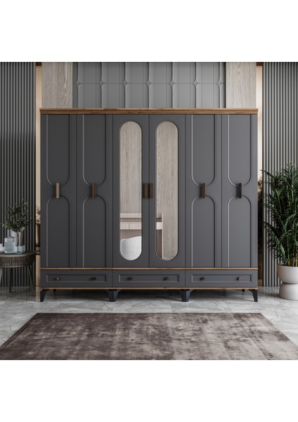 Loren 6 Kapaklı Çekmeceli Gardırop Tamamı Mdf (Antrasit)