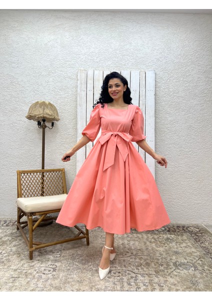 Yavruağzı Uzun Fiyonklu Kloş Poplin Elbise modelleri