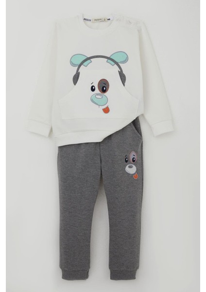 Erkek Bebek Eşofman Takımı Kulaklıklı Köpekçik Nakışlı 9 Ay-3 Yaş, Beyaz