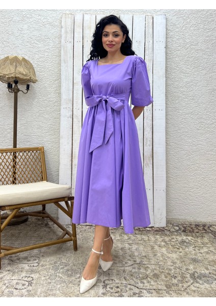 Lila Uzun Fiyonklu Kloş Poplin Elbise