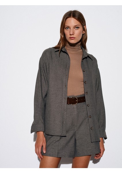 50525 Melanjlı Oversize Gömlek-Kahve