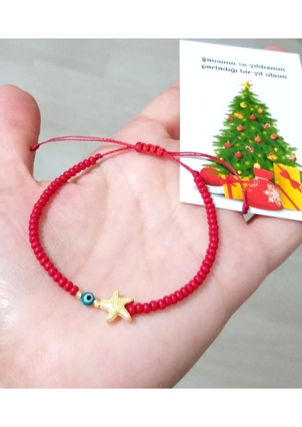 Yılbaşı Kartlı Deniz Yıldızı Nazar Dorika ve Çek Cam Boncuklu Yılbaşı Bileklik modelleri