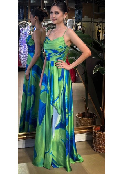 Saks Degaje Yaka Ip Askılı Sırt Dekolteli Yırtmaçlı Kloş Etekli Desenli Uzun Abiye Elbise 11082-01