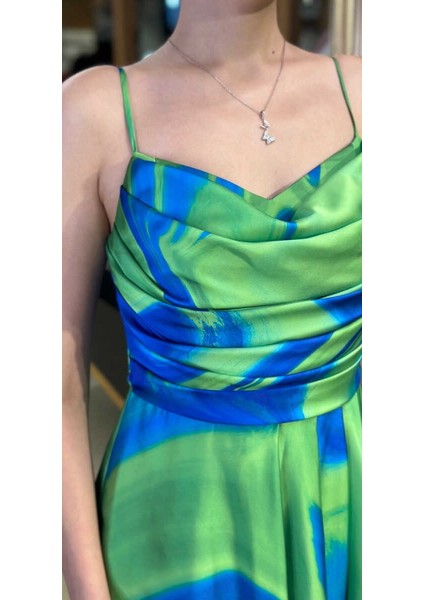 Saks Degaje Yaka Ip Askılı Sırt Dekolteli Yırtmaçlı Kloş Etekli Desenli Uzun Abiye Elbise 11082-01 modelleri